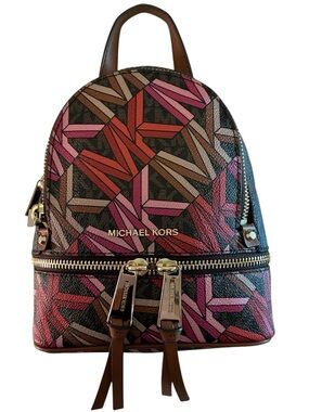 Michael Kors Rhea Zip Brown, Pink, Convertible XS Backpack, Detachable Straps